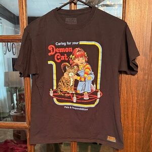 Steven Rhodes Men XS Caring For Your Demon Cat Graphic T-Shirt Black Retro Humor